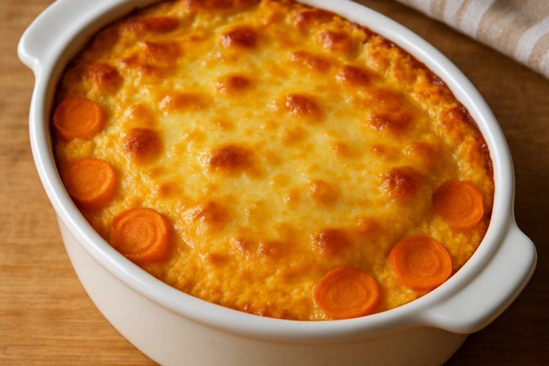 cenourinha no soufle gratinada em refratário branco com queijo dourado por cima