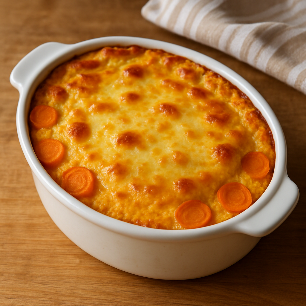 cenourinha no soufle gratinada em refratário branco com queijo dourado por cima