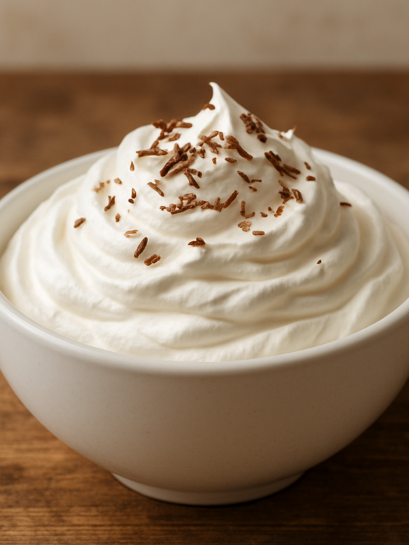 chantilly vegetariano firme em picos brilhantes servido em tigela branca com raspas de chocolate
