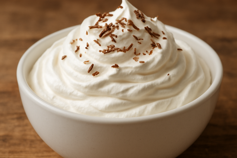 chantilly vegetariano firme em picos brilhantes servido em tigela branca com raspas de chocolate