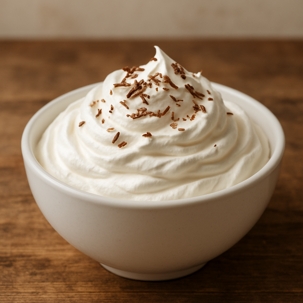 chantilly vegetariano firme em picos brilhantes servido em tigela branca com raspas de chocolate
