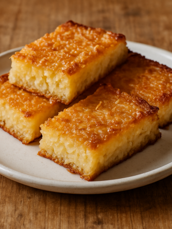 Cocada de Forno da Maux em fatias douradas com coco ralado, servida em prato branco