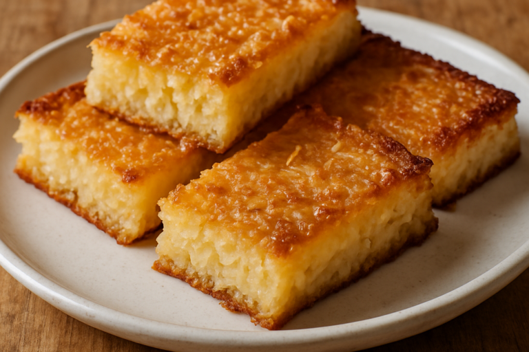 Cocada de Forno da Maux em fatias douradas com coco ralado, servida em prato branco