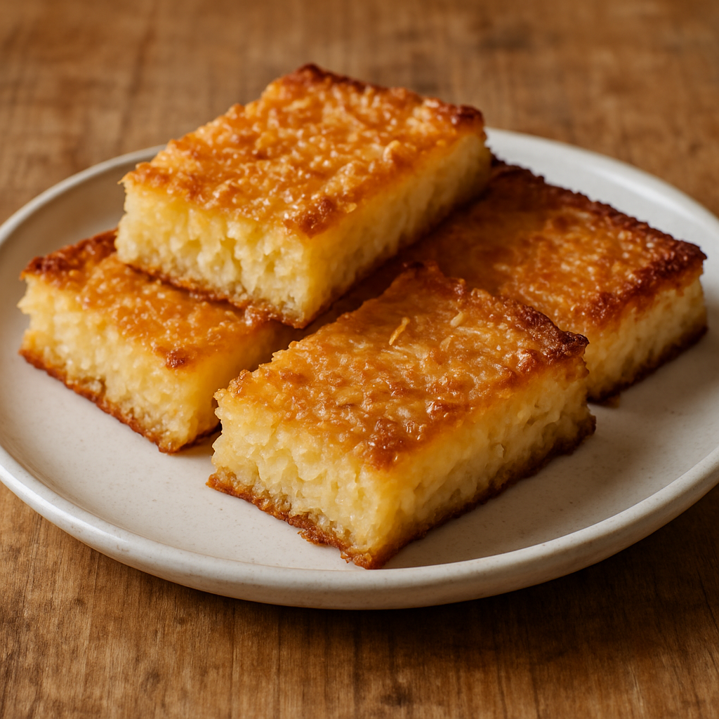 Cocada de Forno da Maux em fatias douradas com coco ralado, servida em prato branco