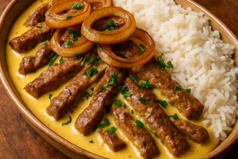 contra filé ao molho de iogurte cremoso com cebola caramelizada e salsinha em travessa de cerâmica