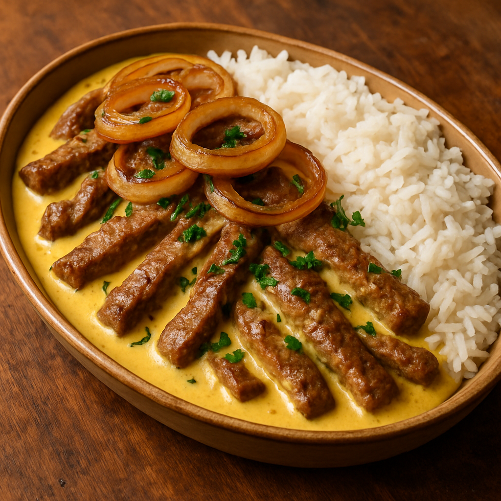 contra filé ao molho de iogurte cremoso com cebola caramelizada e salsinha em travessa de cerâmica