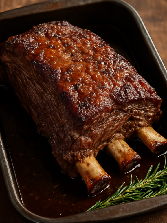 Costela assada suculenta com crosta dourada e carne desprendendo do osso na assadeira