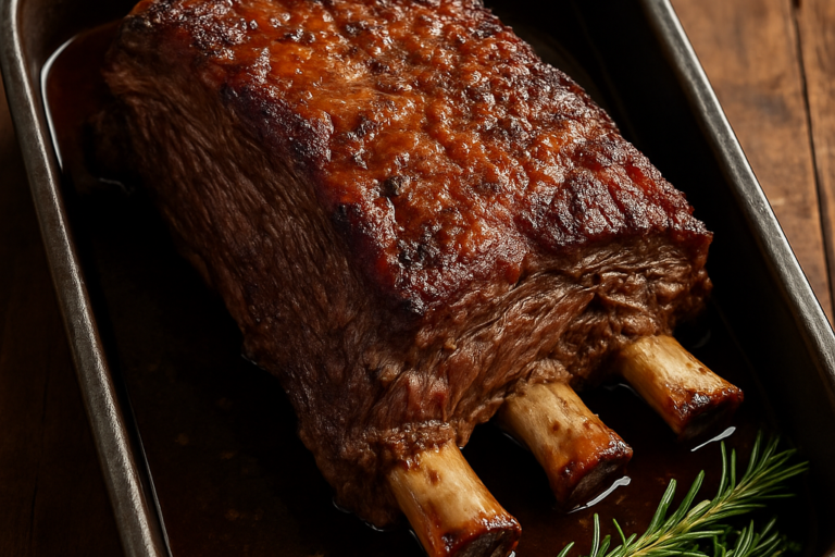 Costela assada suculenta com crosta dourada e carne desprendendo do osso na assadeira