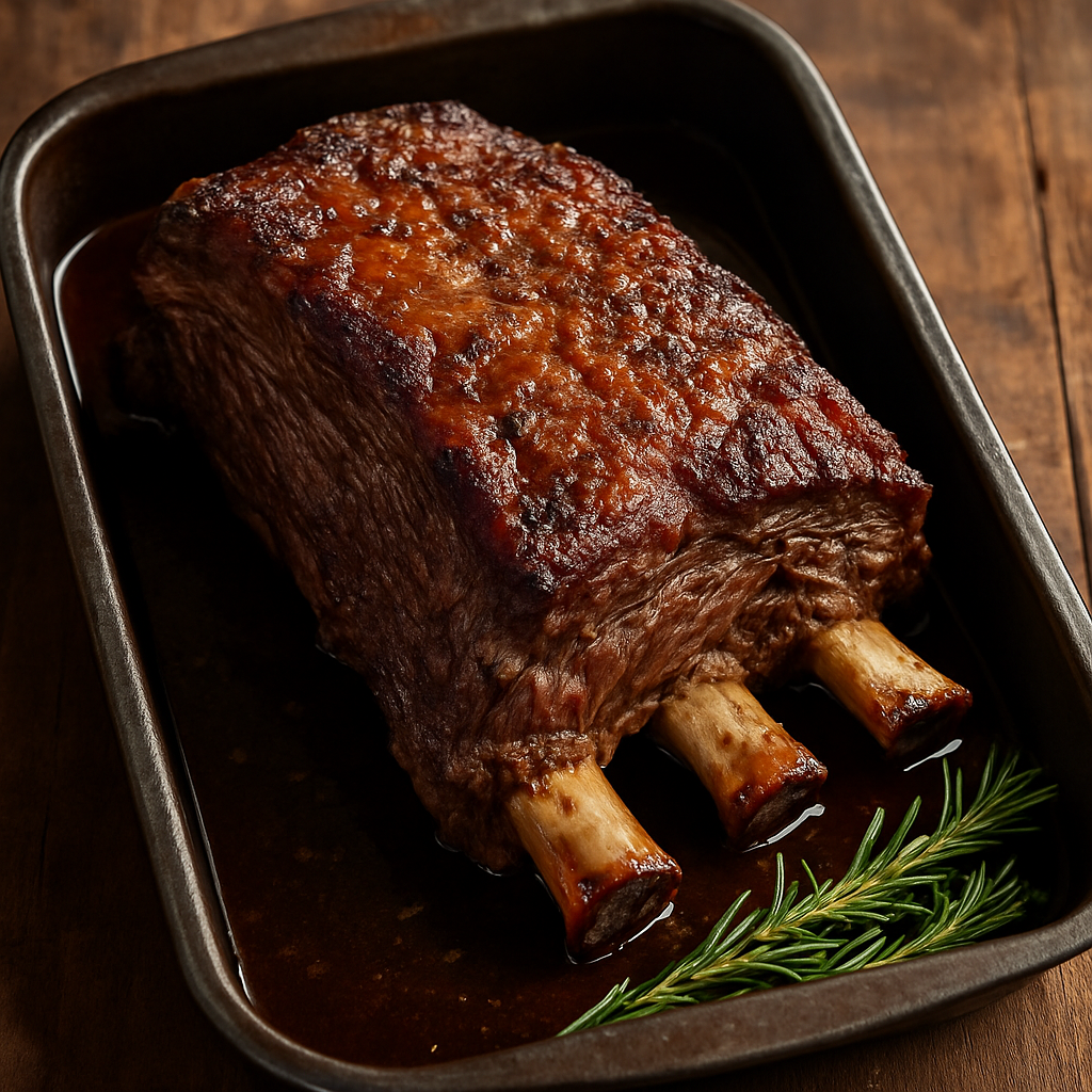 Costela assada suculenta com crosta dourada e carne desprendendo do osso na assadeira