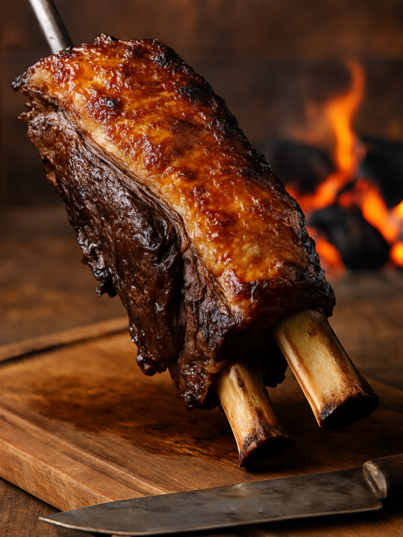 Costela Campeira assada no fogo de chão com sal grosso, servida em tábua de madeira rústica