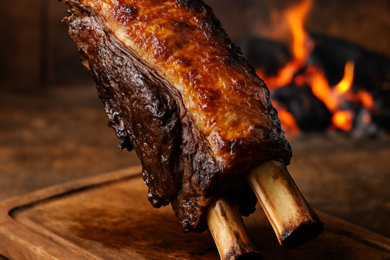 Costela Campeira assada no fogo de chão com sal grosso, servida em tábua de madeira rústica