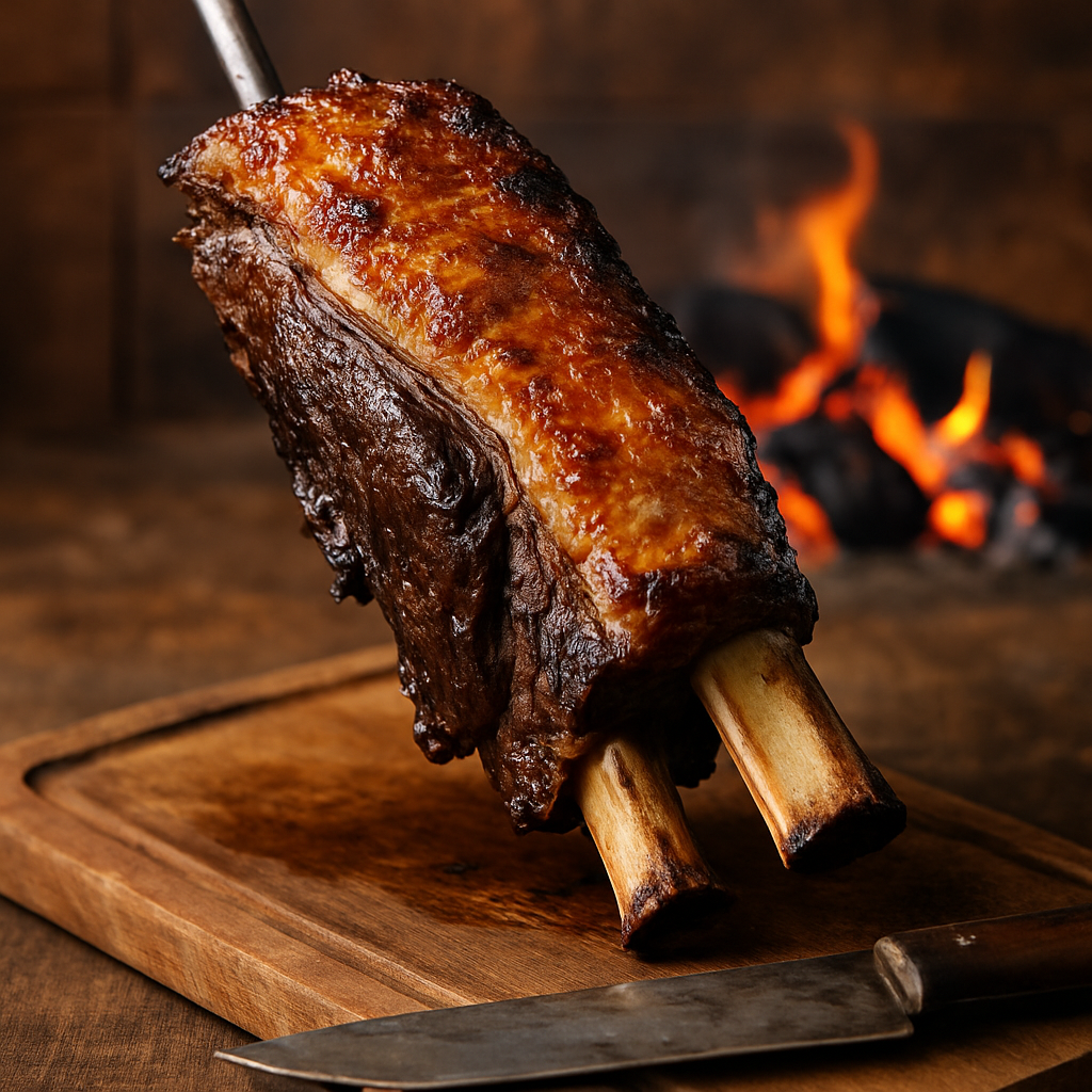 Costela Campeira assada no fogo de chão com sal grosso, servida em tábua de madeira rústica