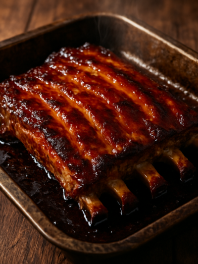 Costela de porco na cerveja assada, dourada e caramelizada, servida em assadeira rústica com carne macia se soltando do osso