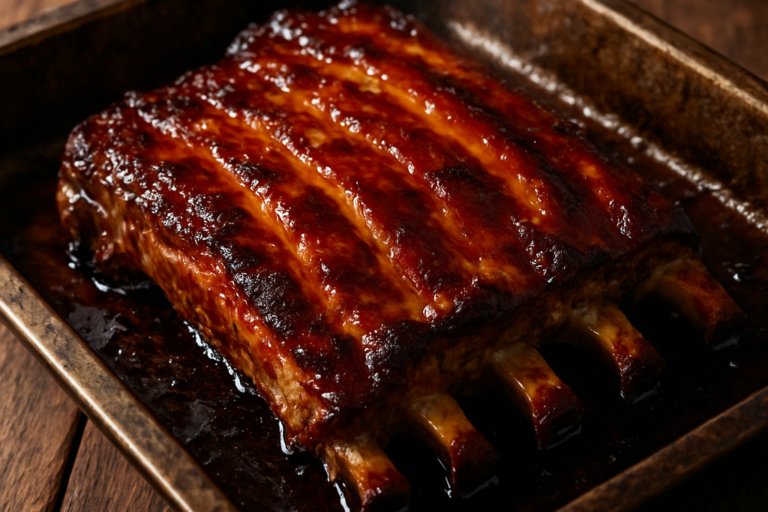 Costela de porco na cerveja assada, dourada e caramelizada, servida em assadeira rústica com carne macia se soltando do osso
