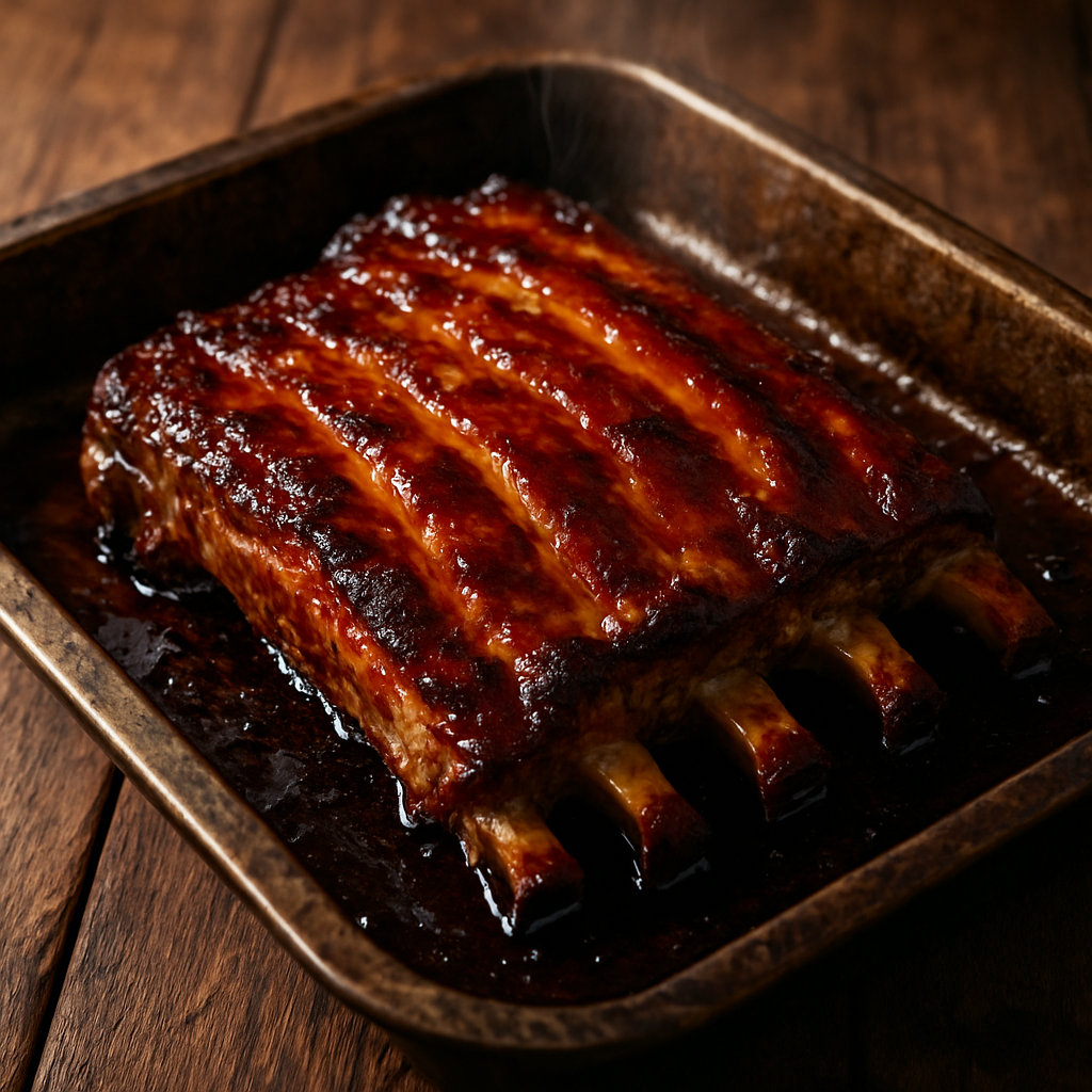 Costela de porco na cerveja assada, dourada e caramelizada, servida em assadeira rústica com carne macia se soltando do osso