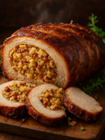 Costela de porco recheada fatiada mostrando o recheio de farofa com bacon e linguiça