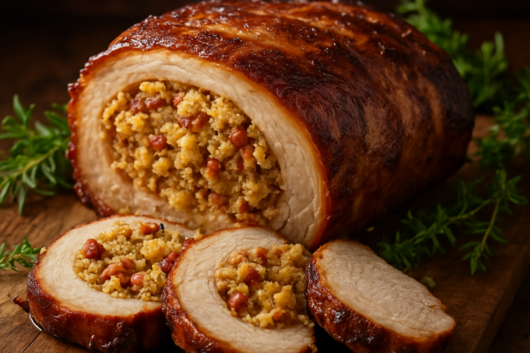 Costela de porco recheada fatiada mostrando o recheio de farofa com bacon e linguiça