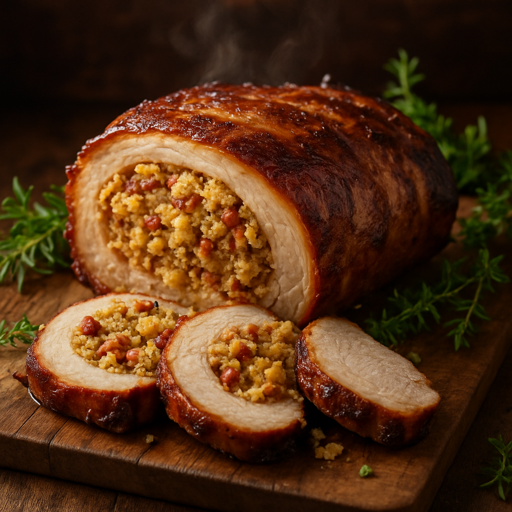 Costela de porco recheada fatiada mostrando o recheio de farofa com bacon e linguiça