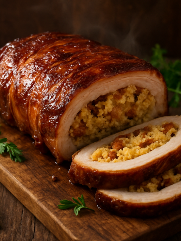 Costela de porco recheada fatiada mostrando o recheio de farofa com bacon e linguiça