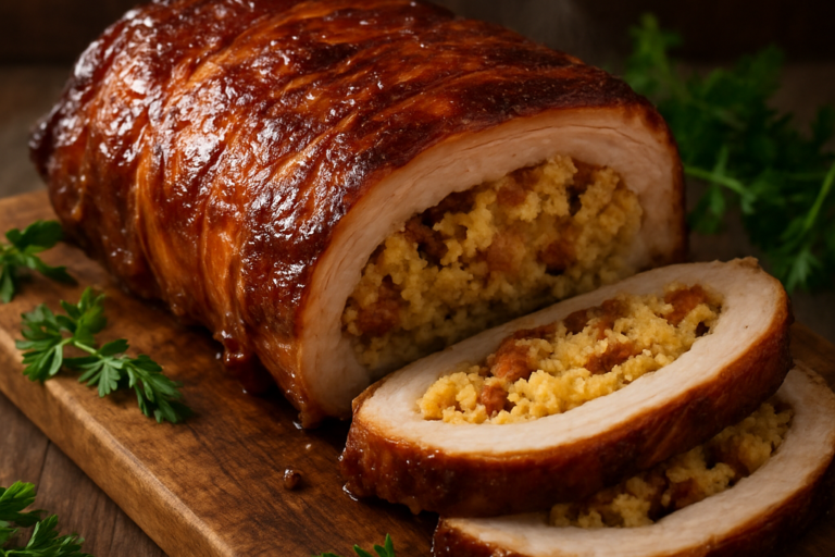 Costela de porco recheada fatiada mostrando o recheio de farofa com bacon e linguiça