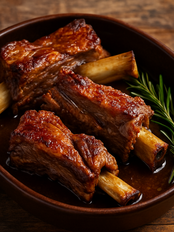 costela na panela de pressão sem água servida em travessa, carne dourada e soltando do osso