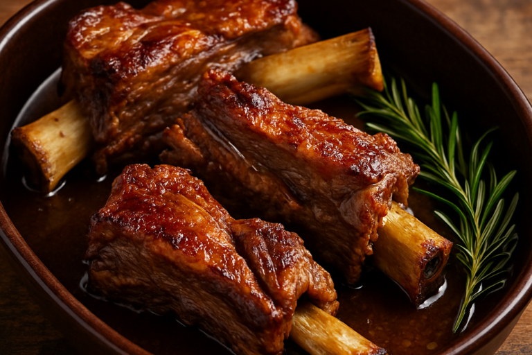 costela na panela de pressão sem água servida em travessa, carne dourada e soltando do osso