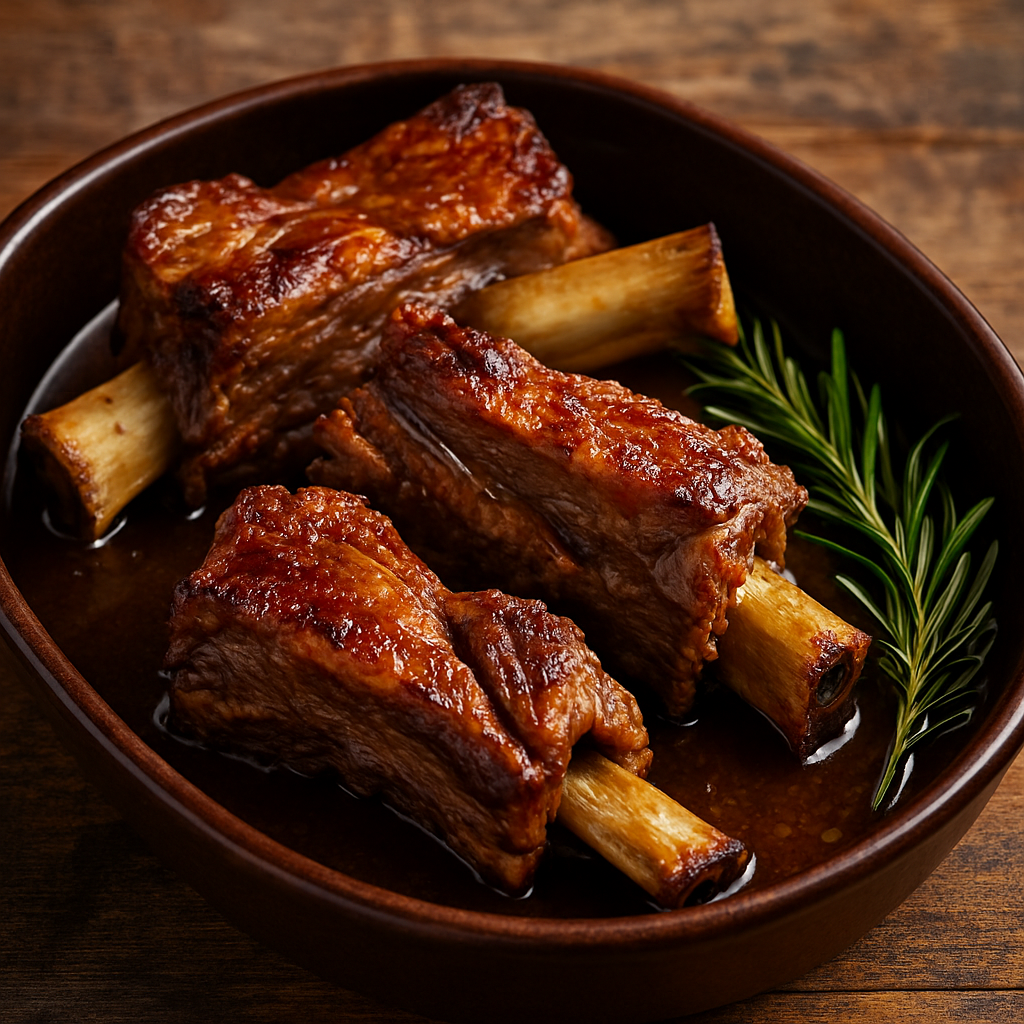 costela na panela de pressão sem água servida em travessa, carne dourada e soltando do osso