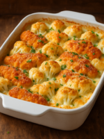 couve flor com frango gratinado em refratário branco com molho cremoso e queijo dourado