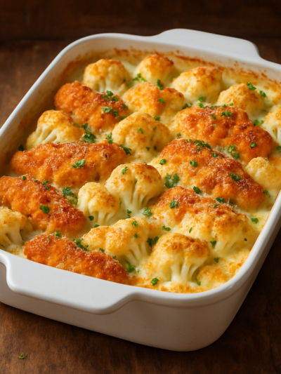 couve flor com frango gratinado em refratário branco com molho cremoso e queijo dourado
