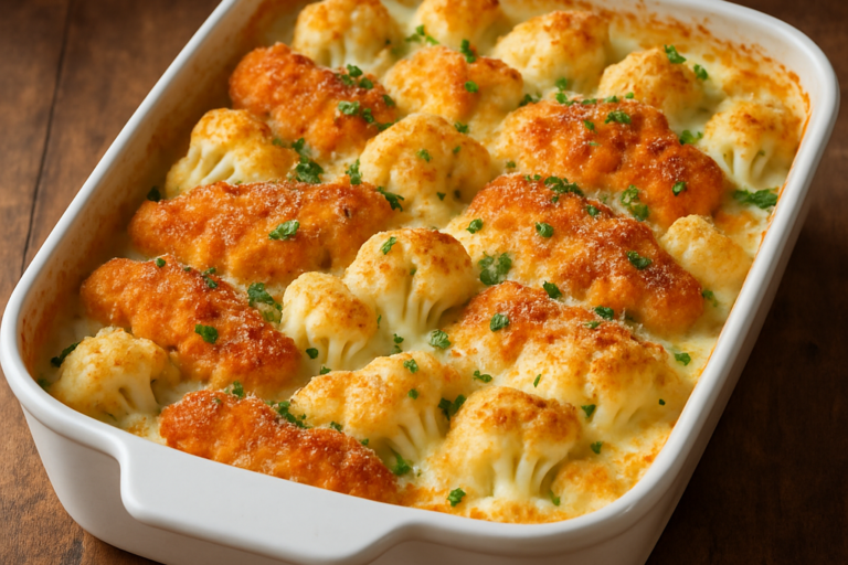 couve flor com frango gratinado em refratário branco com molho cremoso e queijo dourado