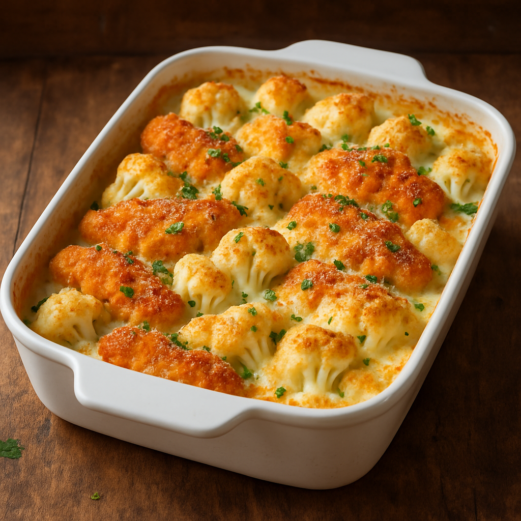 couve flor com frango gratinado em refratário branco com molho cremoso e queijo dourado