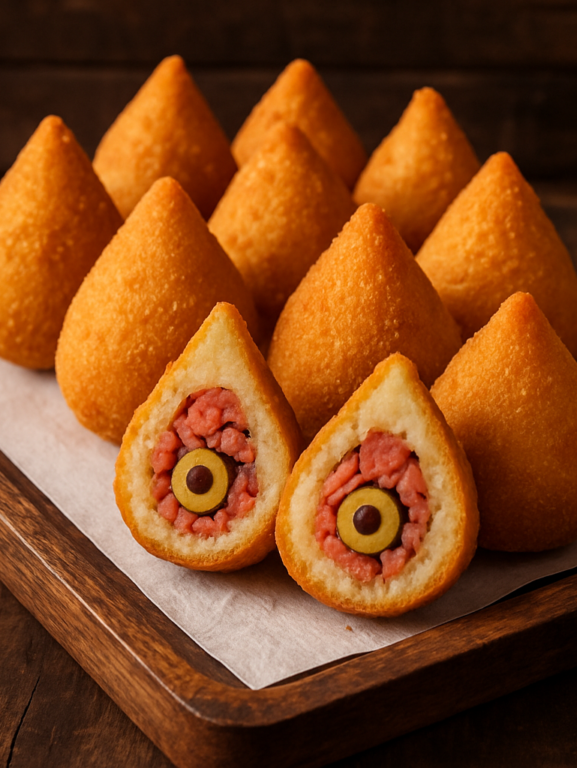 coxinha de calabresa com azeitona frita e crocante, partida ao meio mostrando o recheio