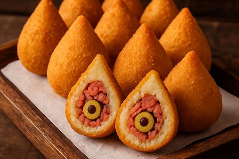 coxinha de calabresa com azeitona frita e crocante, partida ao meio mostrando o recheio