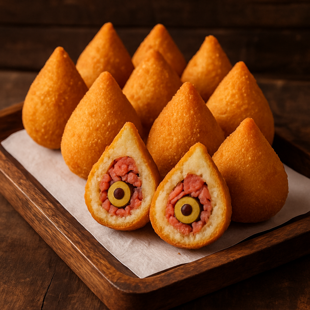 coxinha de calabresa com azeitona frita e crocante, partida ao meio mostrando o recheio