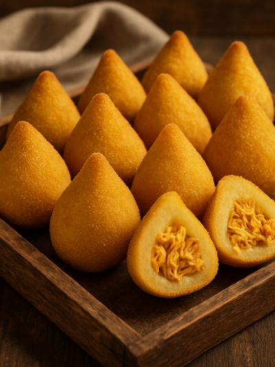 Coxinha de mandioca sem glúten dourada e crocante com recheio de frango desfiado, servida em bandeja de madeira