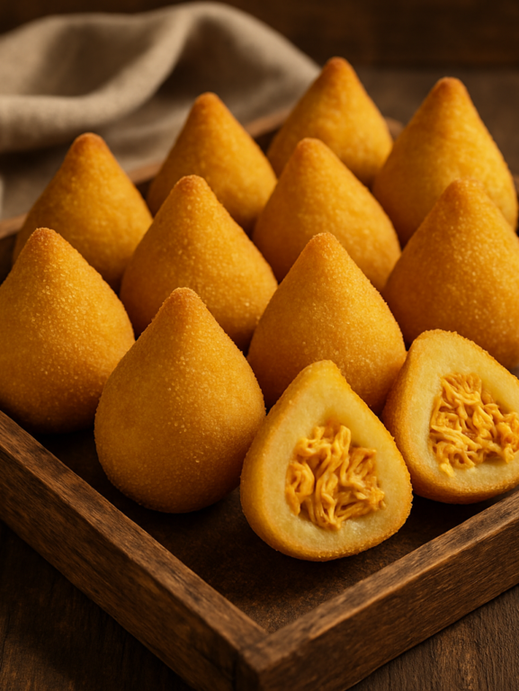 Coxinha de mandioca sem glúten dourada e crocante com recheio de frango desfiado, servida em bandeja de madeira