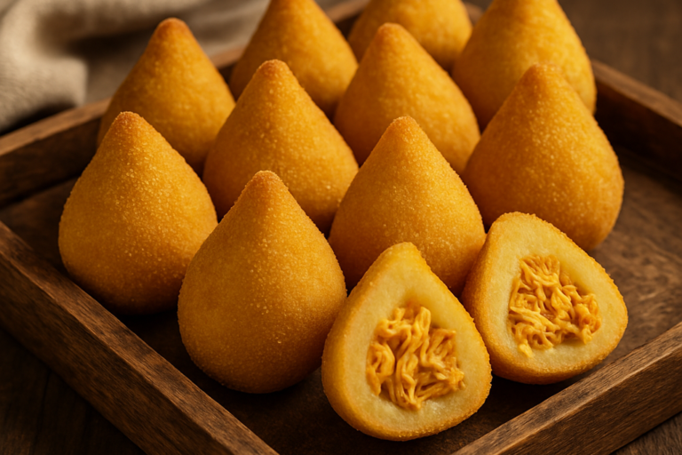 Coxinha de mandioca sem glúten dourada e crocante com recheio de frango desfiado, servida em bandeja de madeira