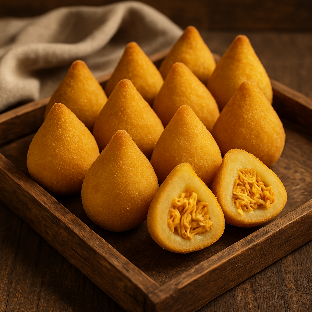 Coxinha de mandioca sem glúten dourada e crocante com recheio de frango desfiado, servida em bandeja de madeira