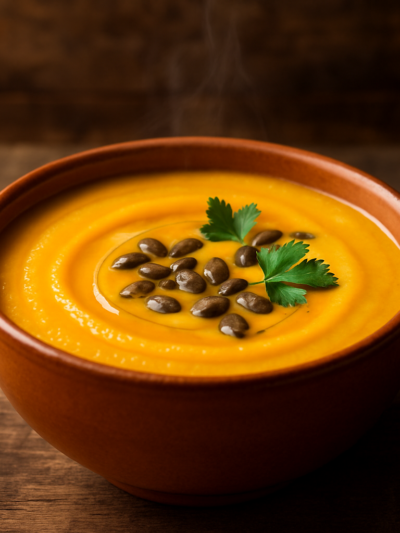 Tigela com creme de abóbora na air fryer aveludado, decorado com fio de azeite e sementes de abóbora