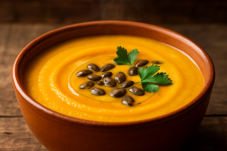 Tigela com creme de abóbora na air fryer aveludado, decorado com fio de azeite e sementes de abóbora