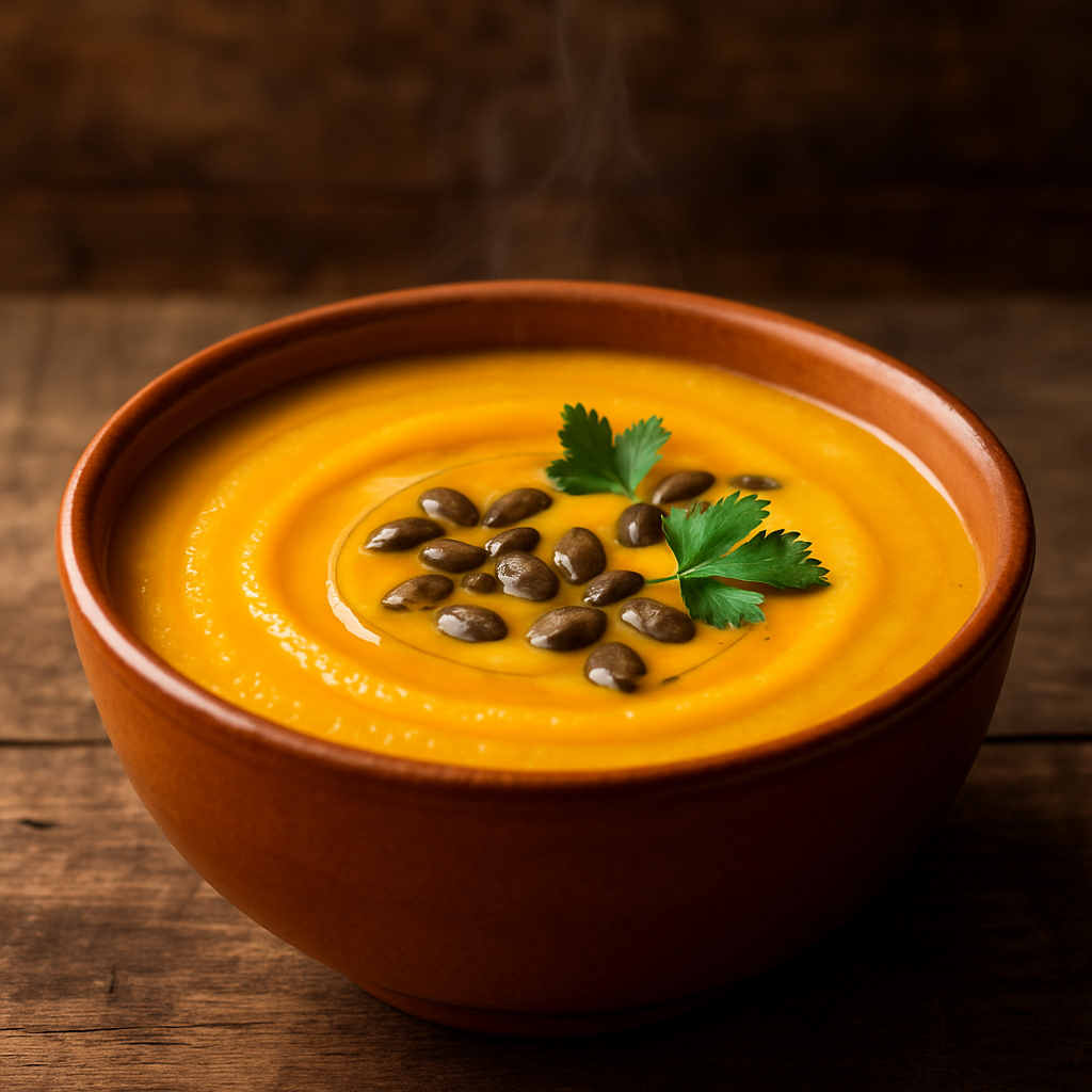 Tigela com creme de abóbora na air fryer aveludado, decorado com fio de azeite e sementes de abóbora