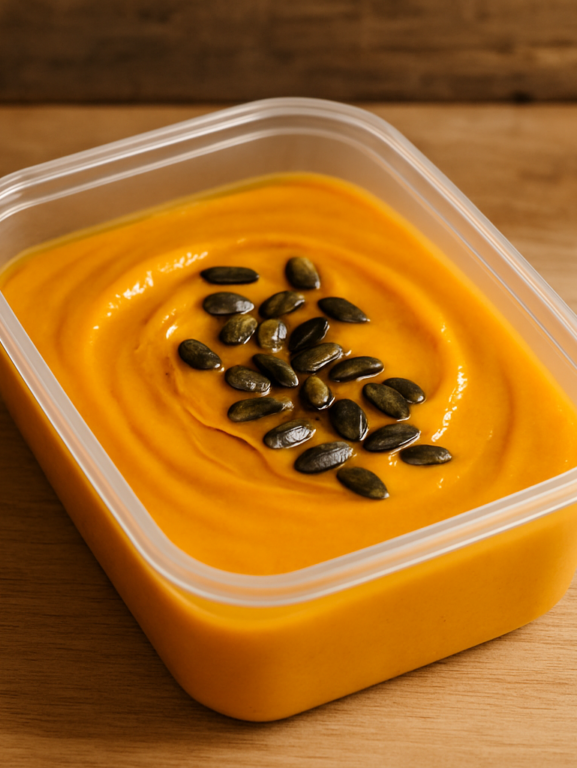 creme de abóbora na air fryer servido em marmita com fio de azeite e sementes torradas