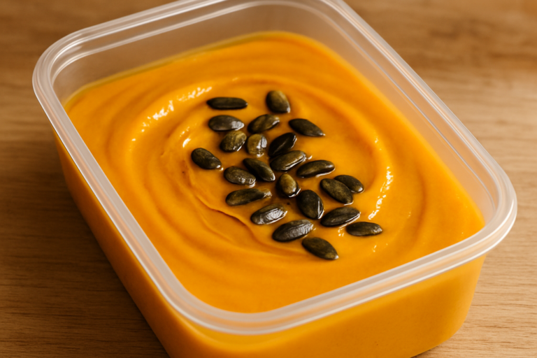 creme de abóbora na air fryer servido em marmita com fio de azeite e sementes torradas