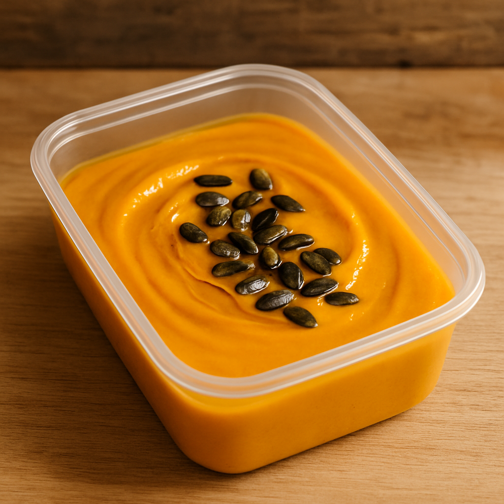 creme de abóbora na air fryer servido em marmita com fio de azeite e sementes torradas