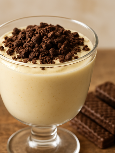 Creme de Bis gelado servido em taça de vidro com biscoito triturado por cima