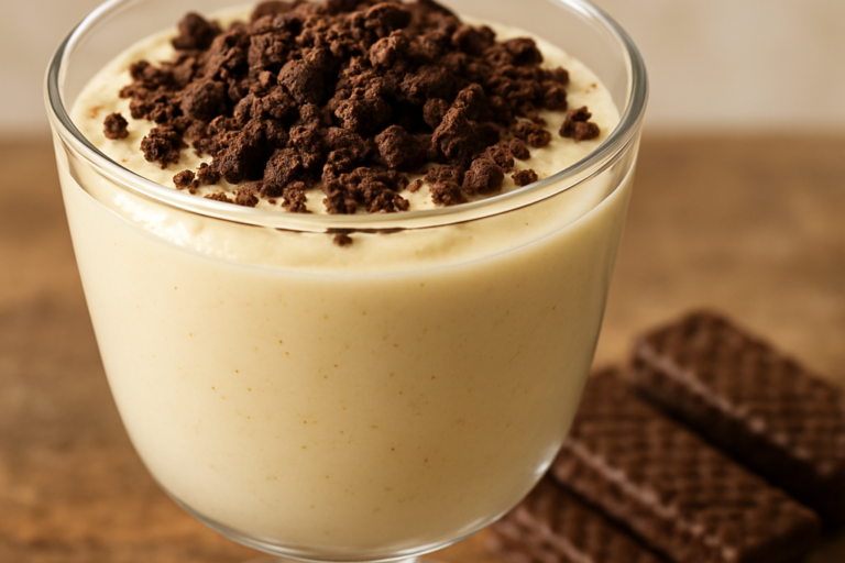 Creme de Bis gelado servido em taça de vidro com biscoito triturado por cima