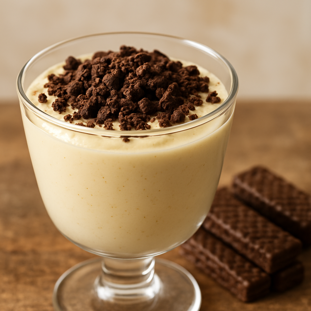 Creme de Bis gelado servido em taça de vidro com biscoito triturado por cima