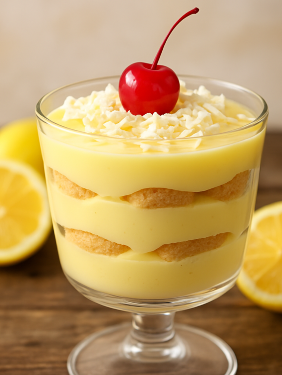 Creme de limão cremoso servido em taça com biscoito champanhe e raspas de chocolate branco