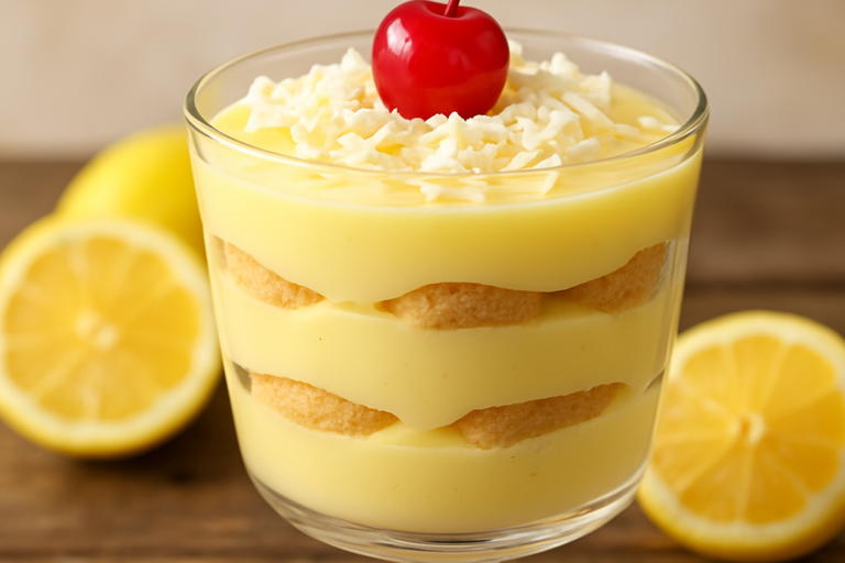 Creme de limão cremoso servido em taça com biscoito champanhe e raspas de chocolate branco