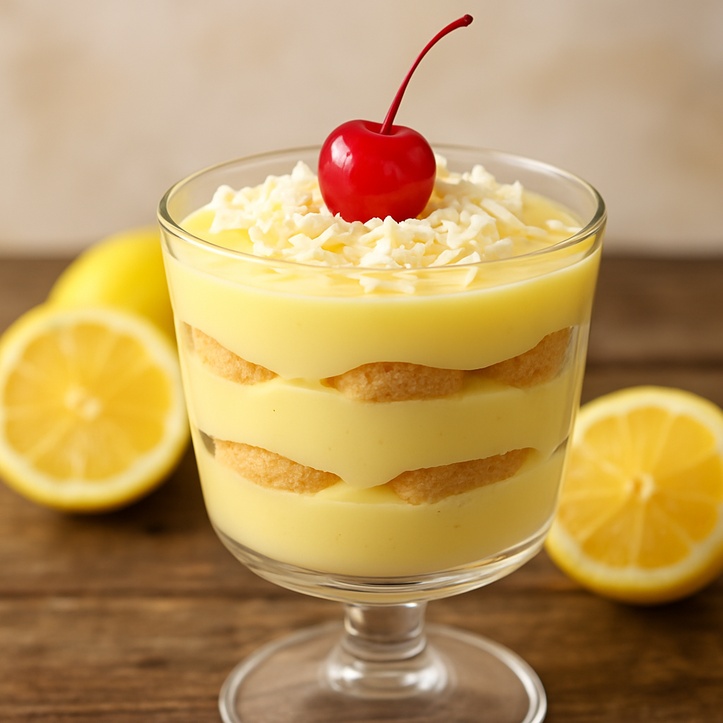 Creme de limão cremoso servido em taça com biscoito champanhe e raspas de chocolate branco